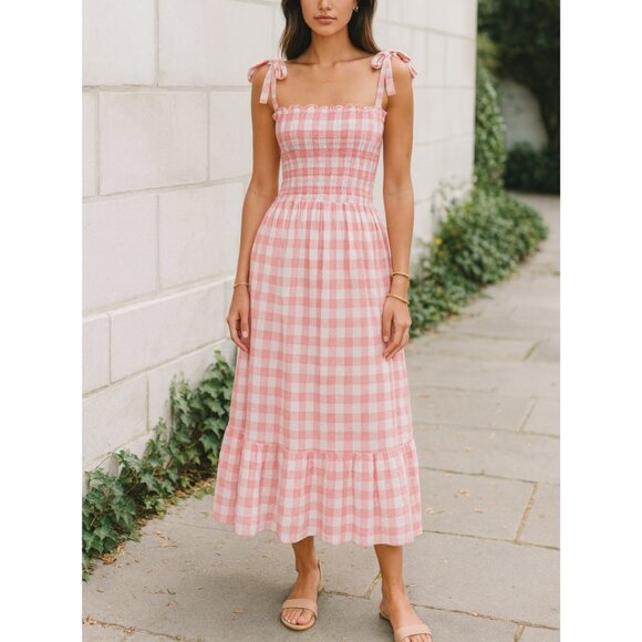 The Great Lagoon Dress Women’s Size 2 Pink Gingham Smocked Bow Strap Midi - Picture 1 of 12